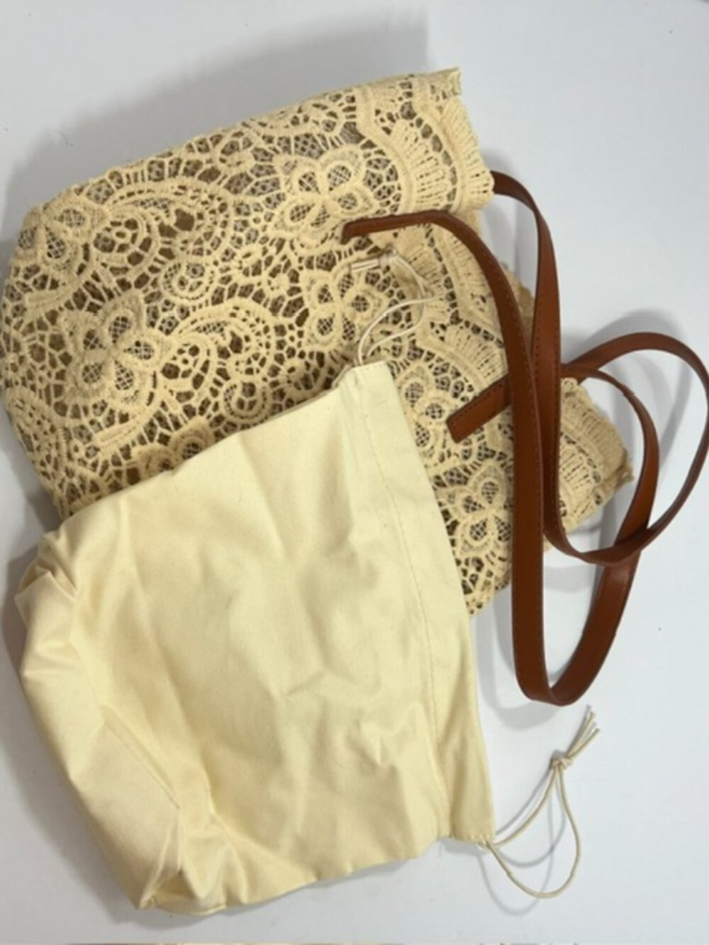 Lacey Tote Bag Lightweight Shoulder Tote Bag Floral Lace Cream Tan Vinyl Straps - Picture 3 of 5